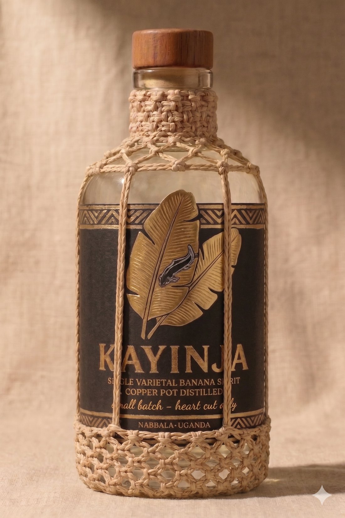 Kayinja — single-varietal banana eau de vie, bottled by hand in a hand-knotted net at Nabbale Estate.